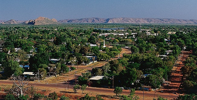 The city of Kununurra, or as it's known by local communities, 'Gananoorrang' (meeting of the waters), from Kelly's Knob Lookout