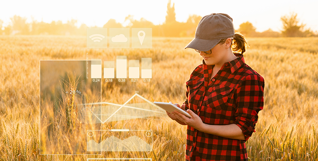 Woman stands in field reading agricultural data